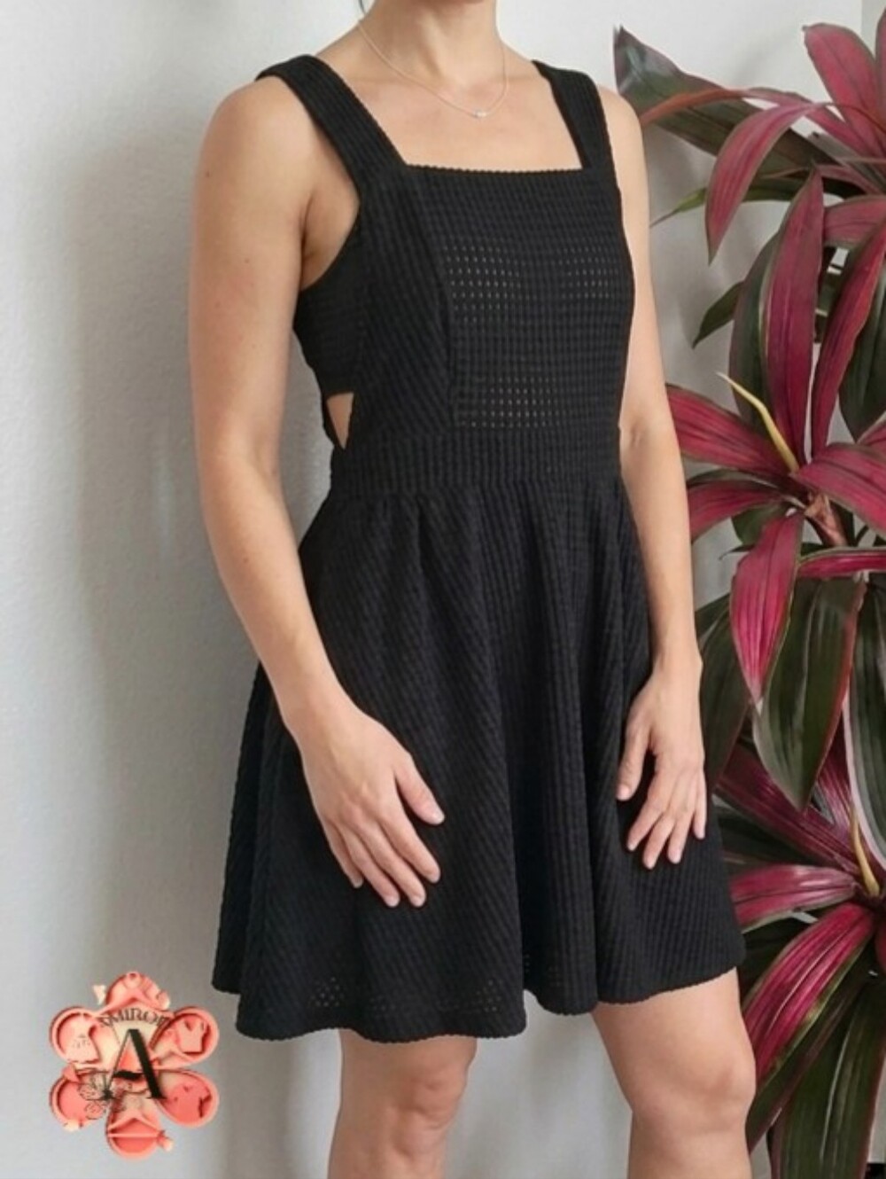2x1 BOGO SHEIN Black Waffle Textured Open Knit Cross Back Mini Dress Size S